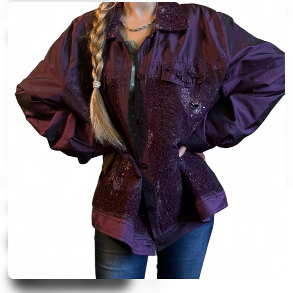 Plum purple Coldwater Creek silk coat with beaded lace embroidery details 
2X